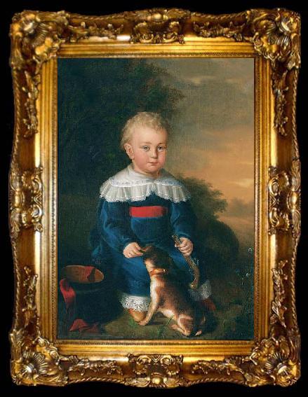framed  unknow artist Portrait of a young boy with toy gun and dog, ta009-2